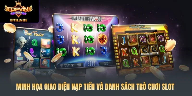 Minh họa giao diện nạp tiền và danh sách trò chơi slot